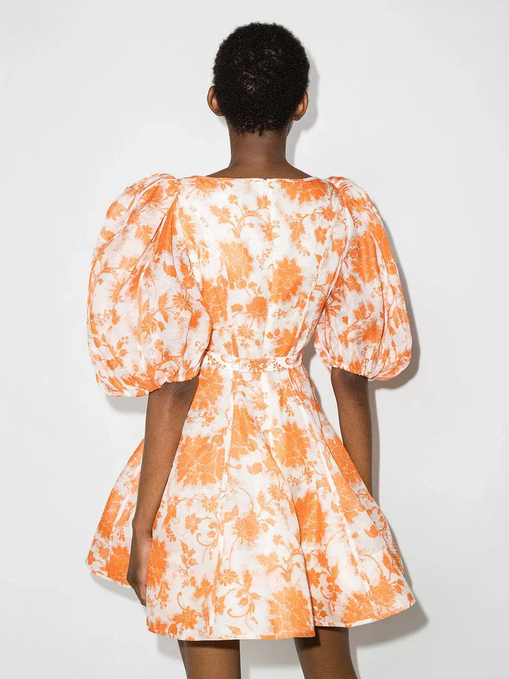 Zimmermann Postcard Puff Sleeve Mini Dress Orange Floral Size 0/AU 8 - Image 3