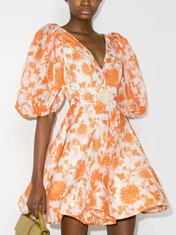 Zimmermann Postcard Puff Sleeve Mini Dress Orange Floral Size 0/AU 8 - Image 2
