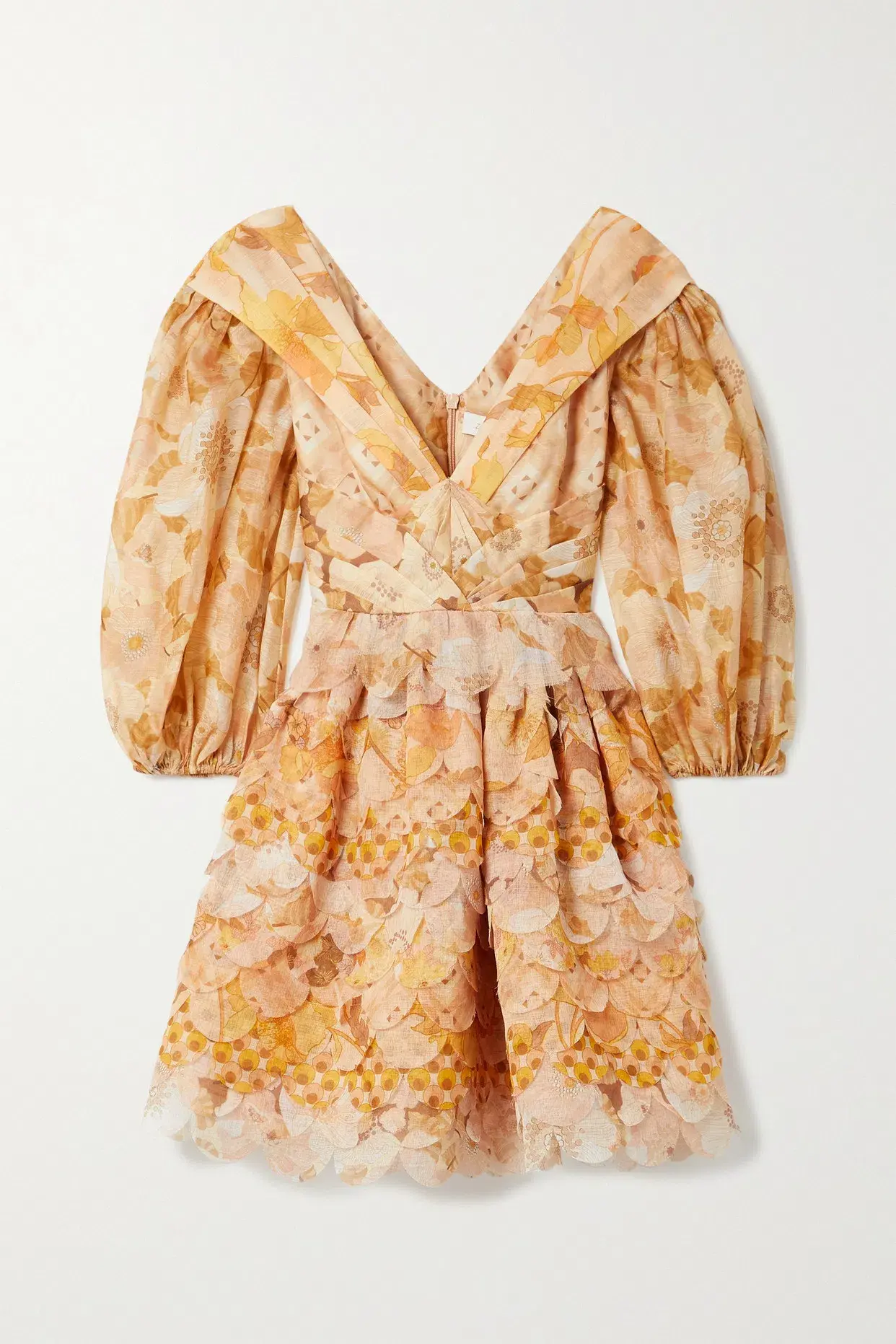 Zimmermann Tempo Scalloped Mini Dress Gold Mixed Print Size 3  - Image 3