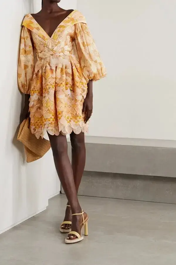 Zimmermann Tempo Scalloped Mini Dress Gold Mixed Print Size 3  - Image 1