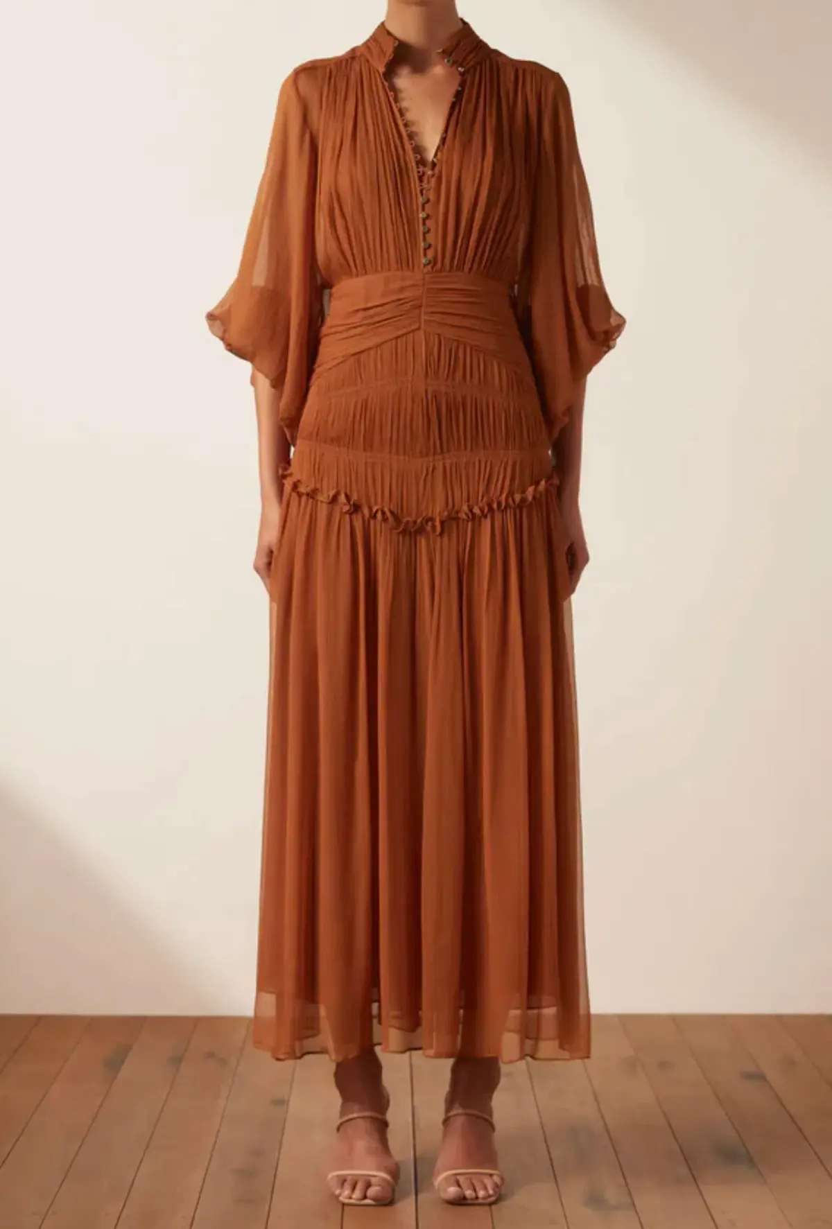 Shona Joy Noemi Button Up Ruched Midi Dress in Siena Brown Size 16 - Image 1