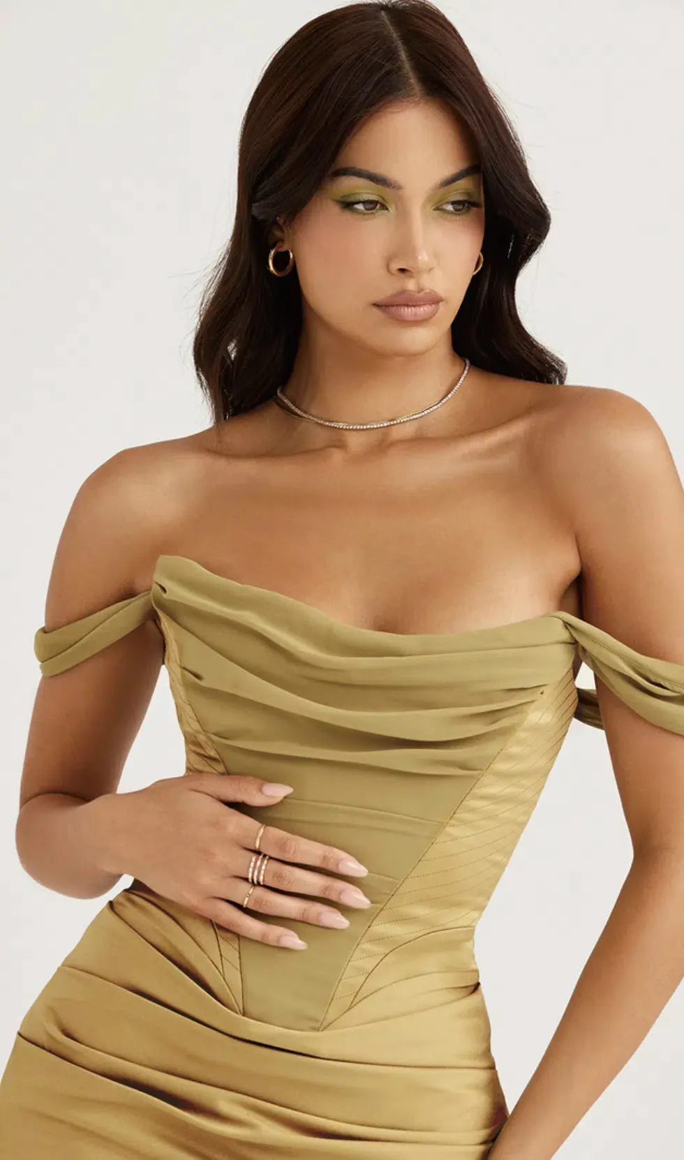 House of CB Natalya Satin Corset Midi Dress Olive Green Size 6 - Image 3