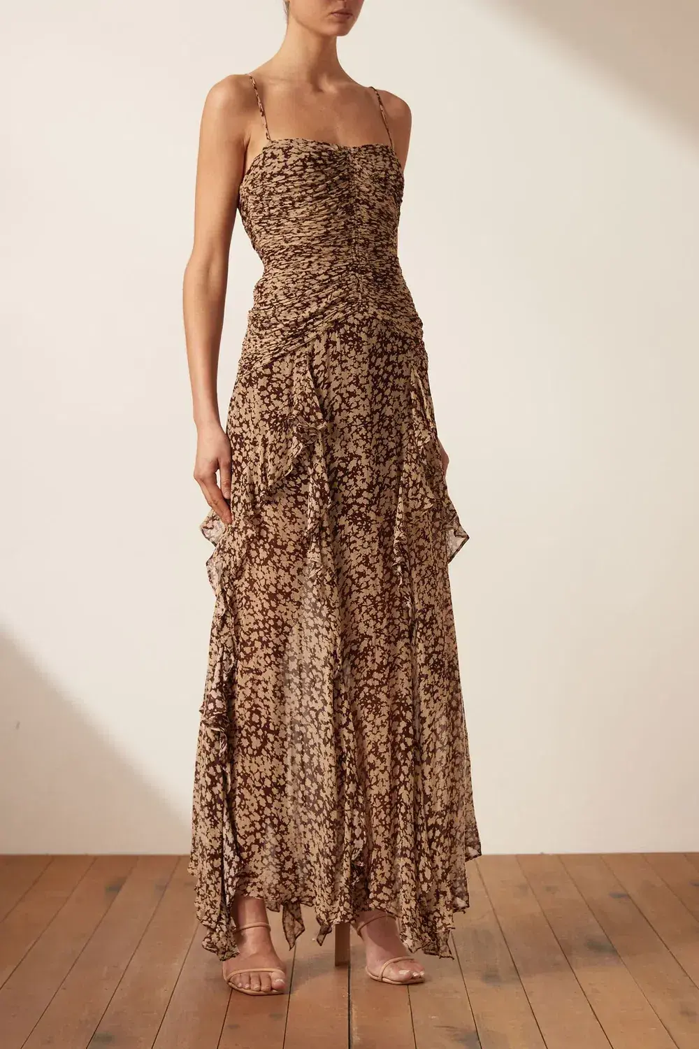 Shona Joy Valeria Ruched Frill Maxi Dress Valeria Print Size 12  for rent on The Volte - main image