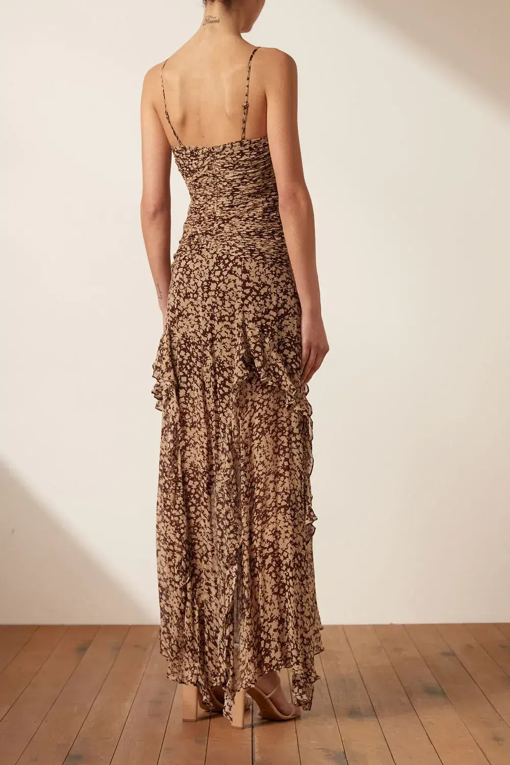 Shona Joy Valeria Ruched Frill Maxi Dress Valeria Print Size 12  for rent on The Volte - main image