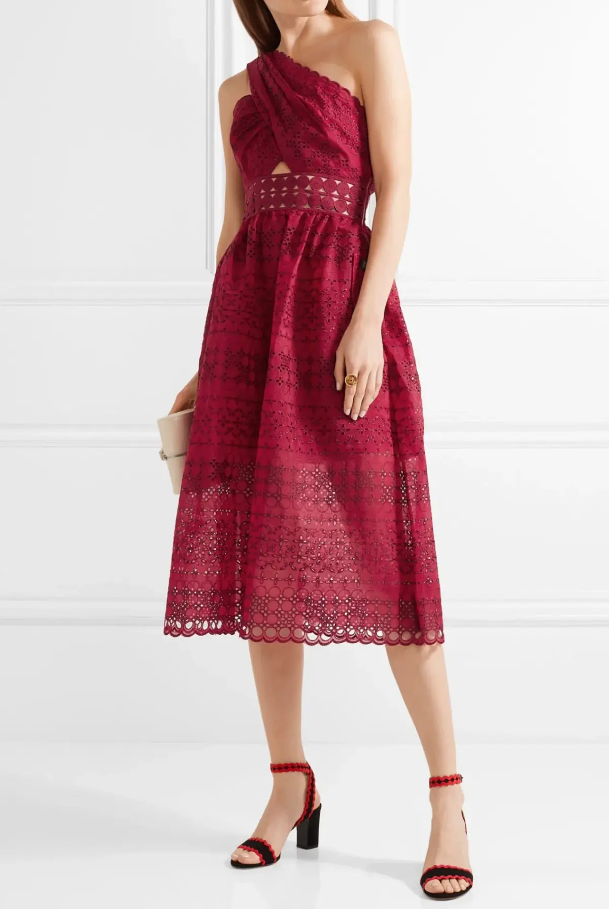 Self Portrait One Shoulder Cut Out Midi Dress Burgundy Size 10 - Image 1