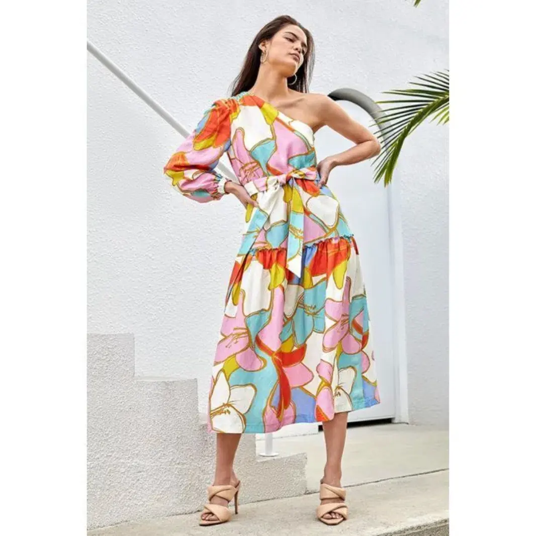 Rebecca Vallance Tirano One Shoulder Midi Dress Print Size 6 - Image 1