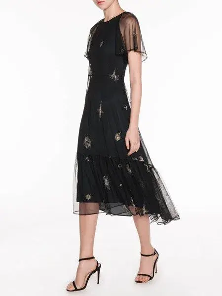 Veronika Maine Celestial Embroidered Midi Dress Black Size 12 for rent on The Volte - main image