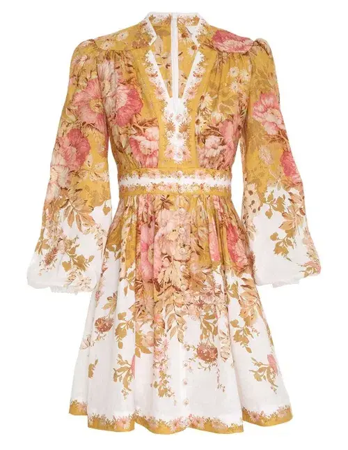 Zimmermann Pattie Plunge Mini Dress in Mustard Floral Size 3/Au 14 - Image 3