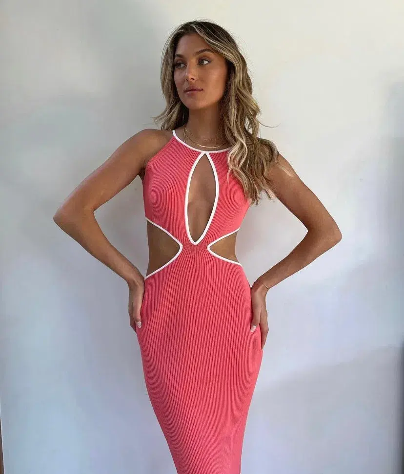 San Sloane Adrian Rib Midi Dress in Coral Pink Size 8 - Image 3