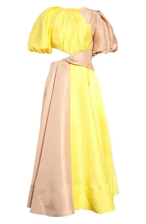 Aje Caliente Two Tone Puff Sleeve Dress Yellow/Nude Size 16 - Image 4