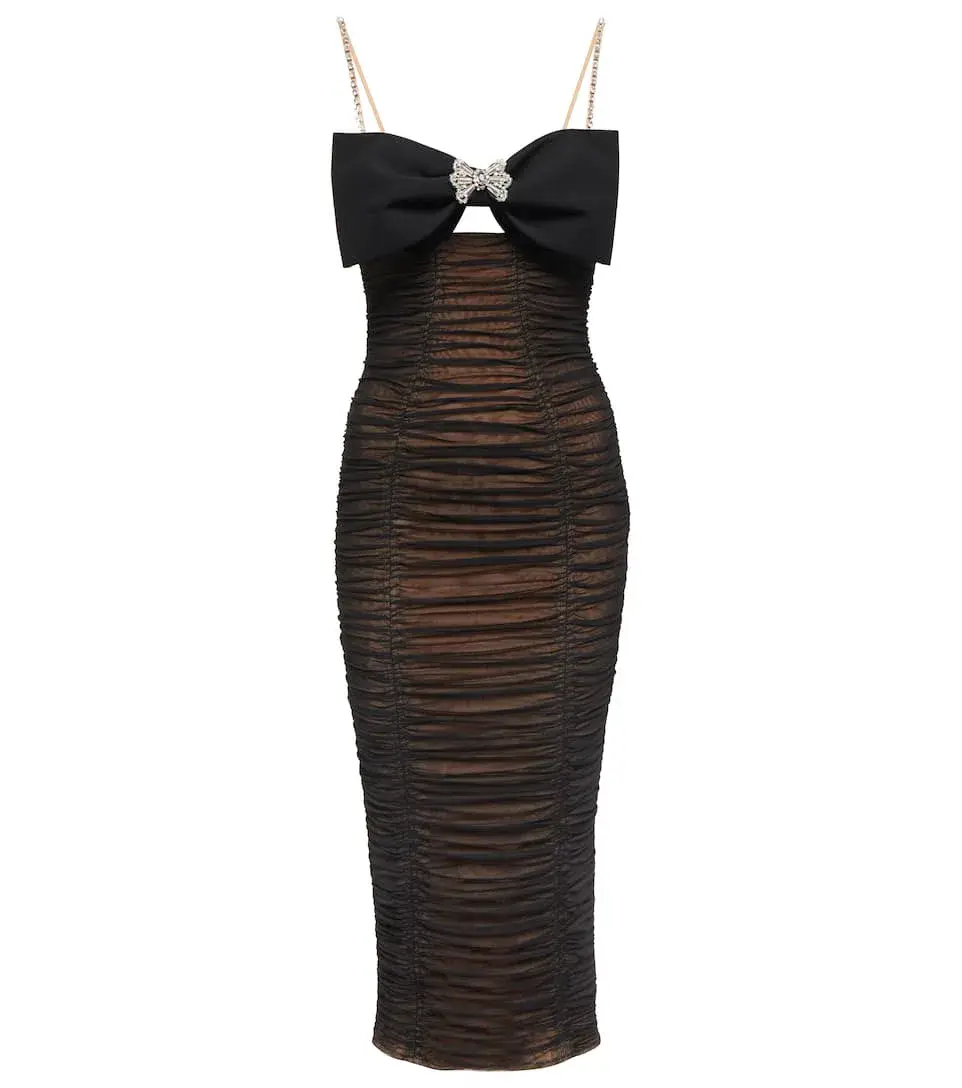 Self Portrait Bow Embellished Ruched Midi Dress Black Size 8 for rent on The Volte - main image
