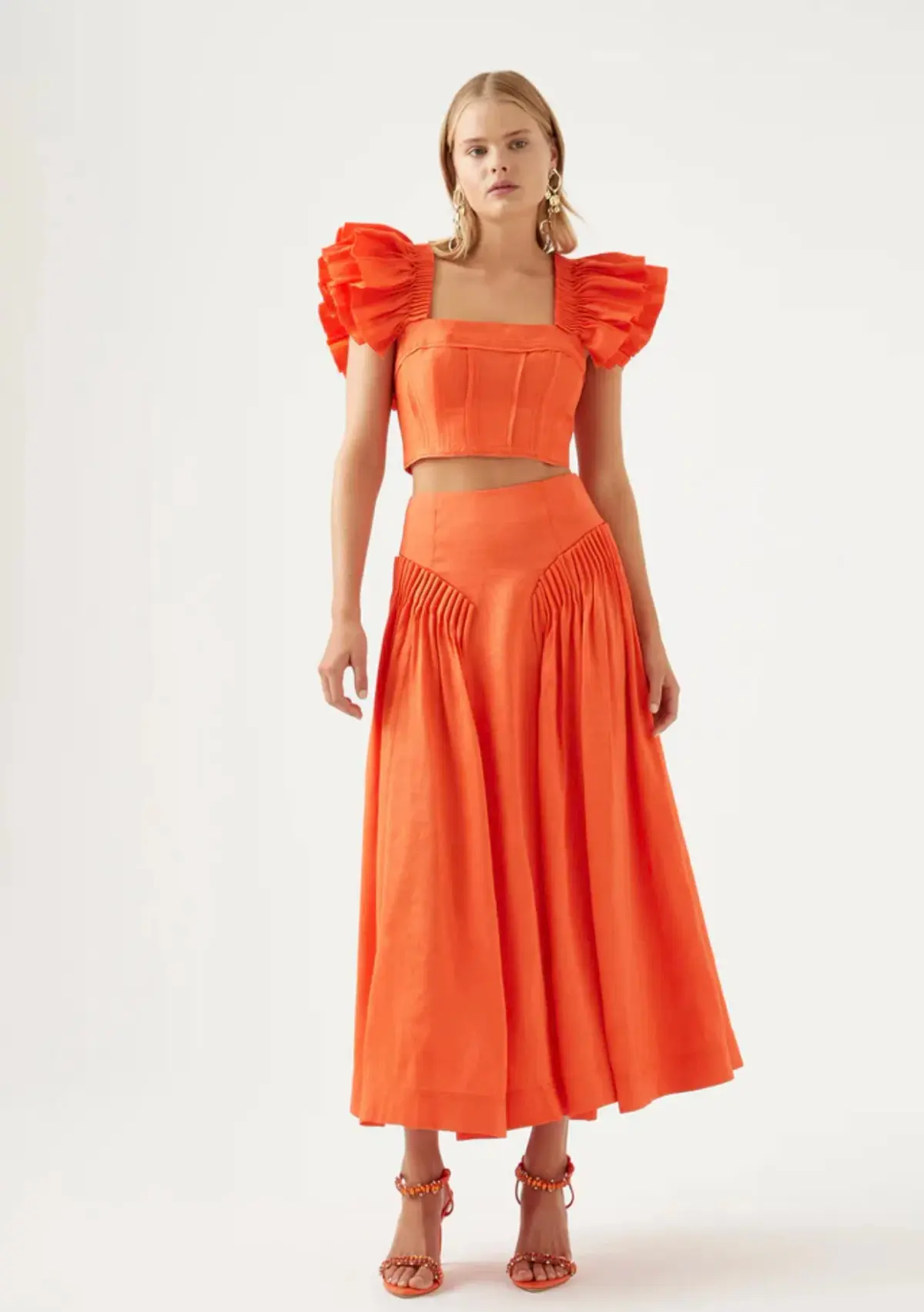 Aje Imagination Frill Sleeve Top and Yves Midi Skirt Set Orange Size 8 / S - Image 1