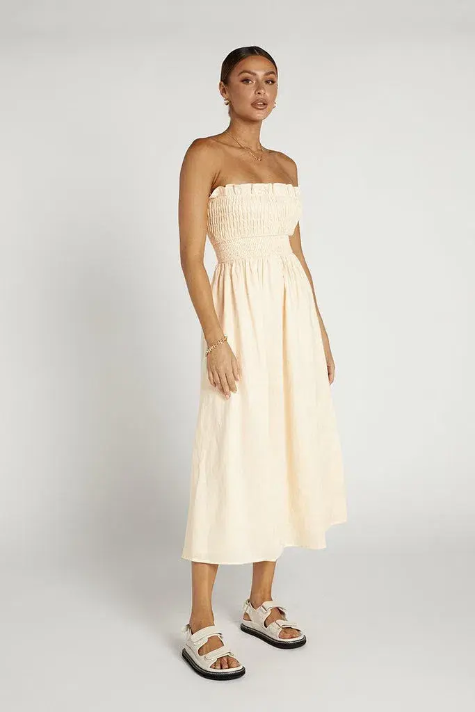 Dissh Thea Cream Shirred Linen Midi Dress Size 8 - Image 2