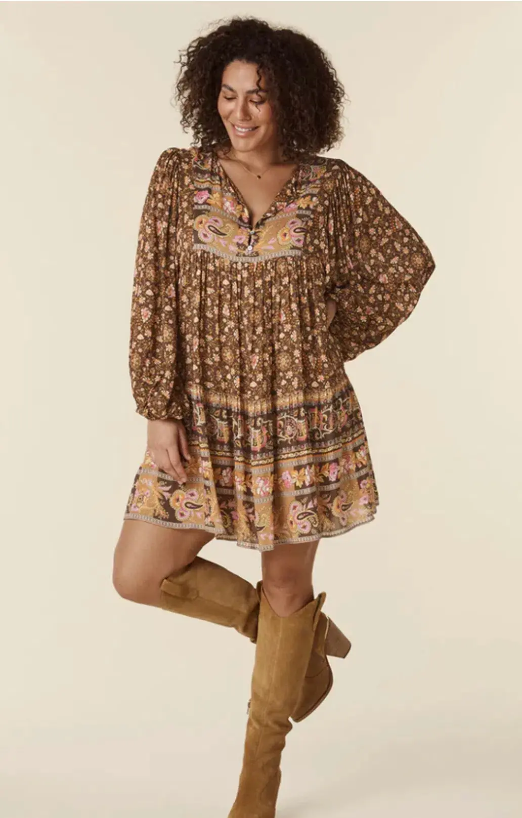 Spell Madame Peacock Boho Mini Dress Coffee Size 8  for rent on The Volte - main image