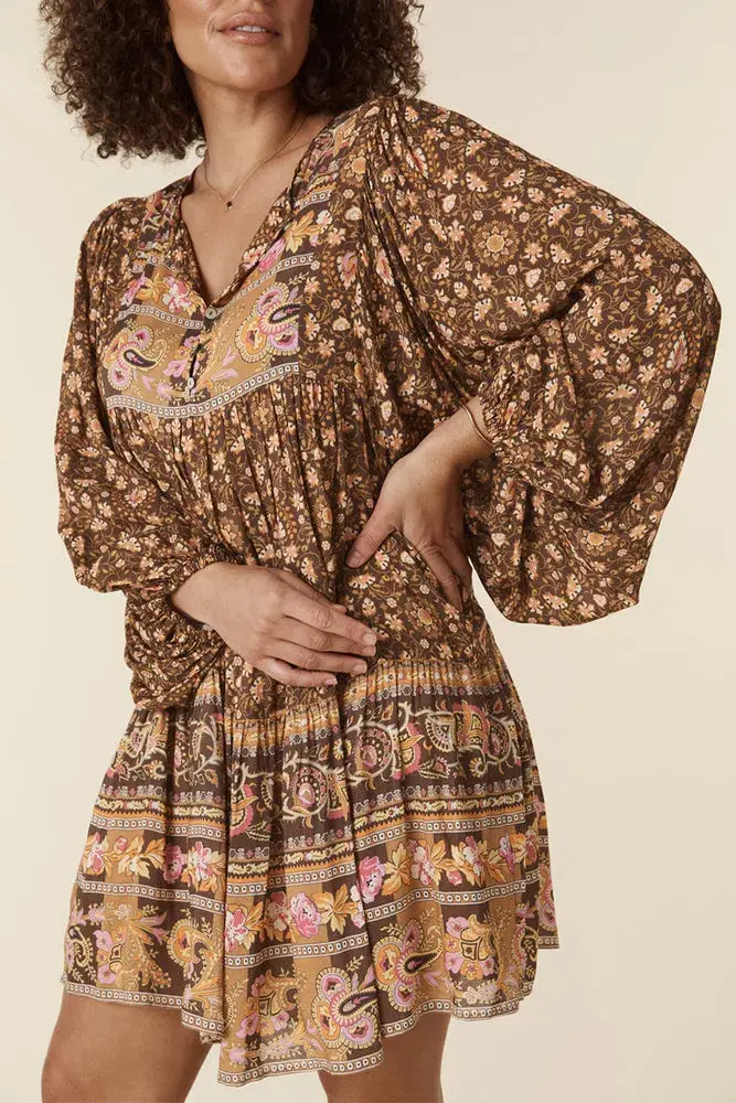 Spell Madame Peacock Boho Mini Dress Coffee Size 8  - Image 2
