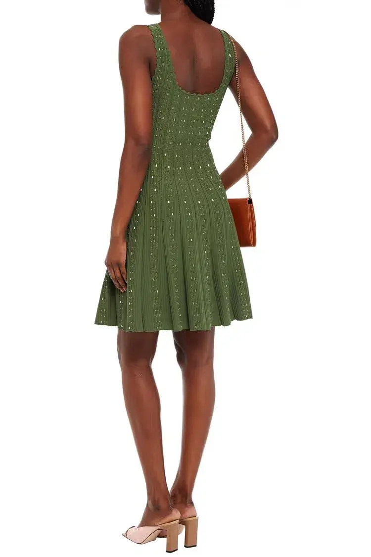 Sandro Paris Avah Scalloped Embellished Ribbed-knit Mini Dress Army Green Size S/AU 10 - Image 2