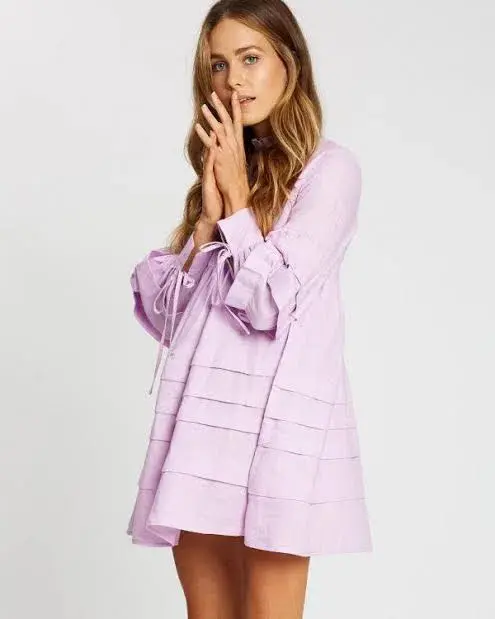 Aere Pleat Detail Linen Smock Dress Lilac Size 14 - Image 5