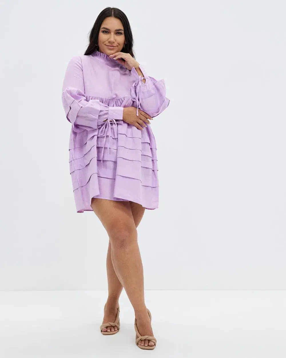 Aere Pleat Detail Linen Smock Dress Lilac Size 14 - Image 4