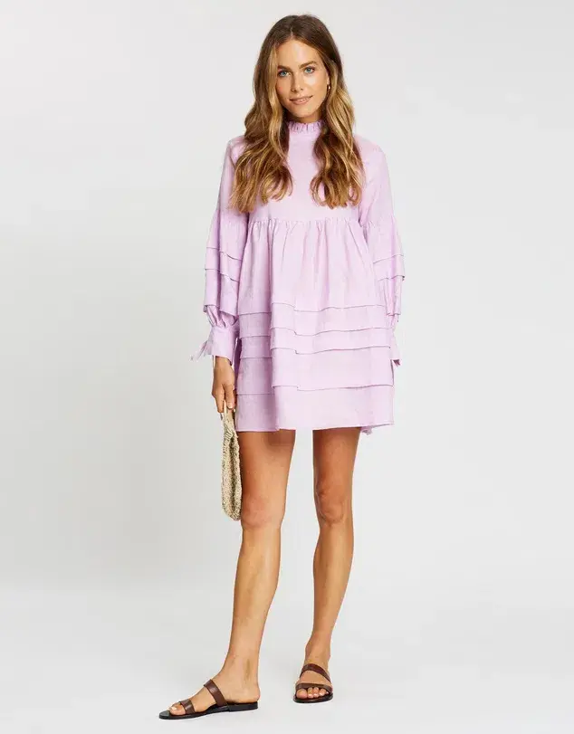Aere Pleat Detail Linen Smock Dress Lilac Size 14 - Image 1