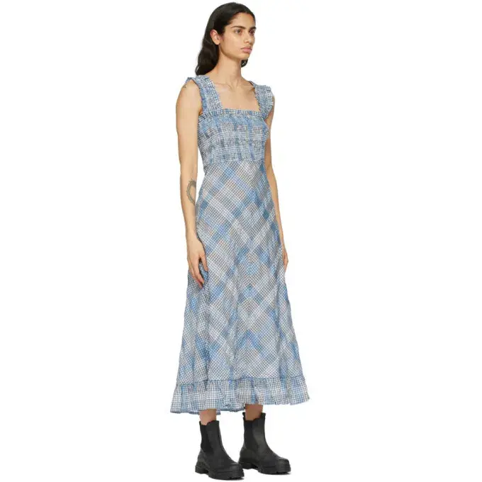 Ganni Cotton Seersucker Check Long Dress in Heather Size 10 - Image 2