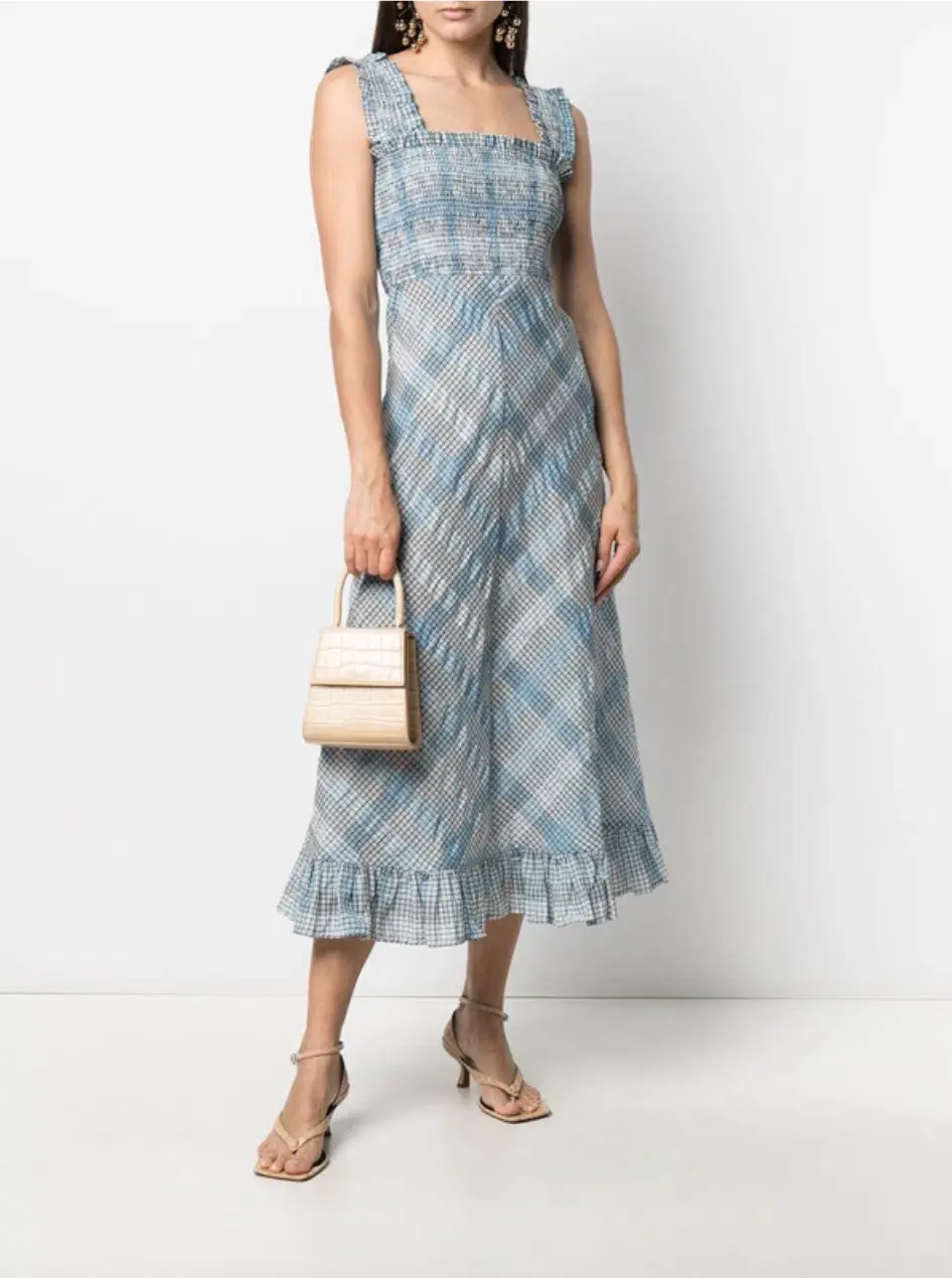 Ganni Cotton Seersucker Check Long Dress in Heather Size 10 - Image 1