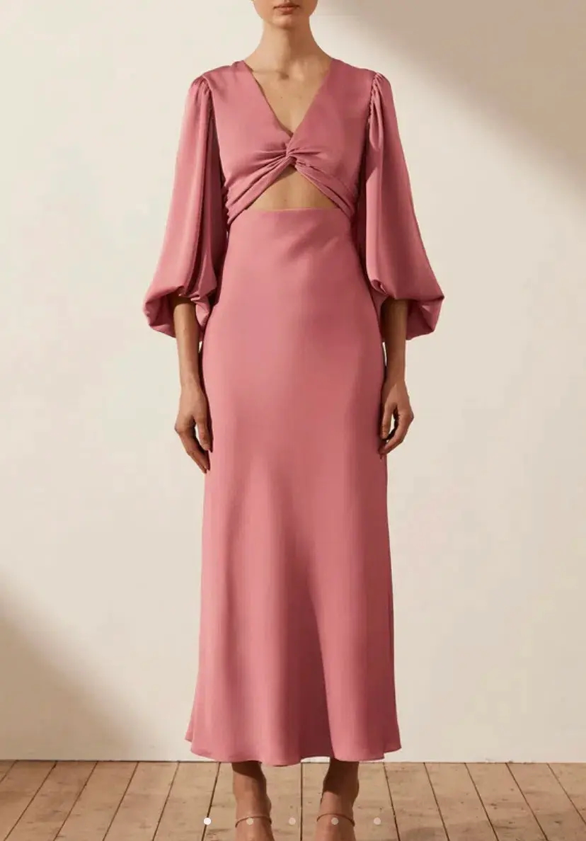 Shona Joy Luxe Twist Front Balloon Sleeve Midi Dress Dusty Pink Size 14 for rent on The Volte - main image