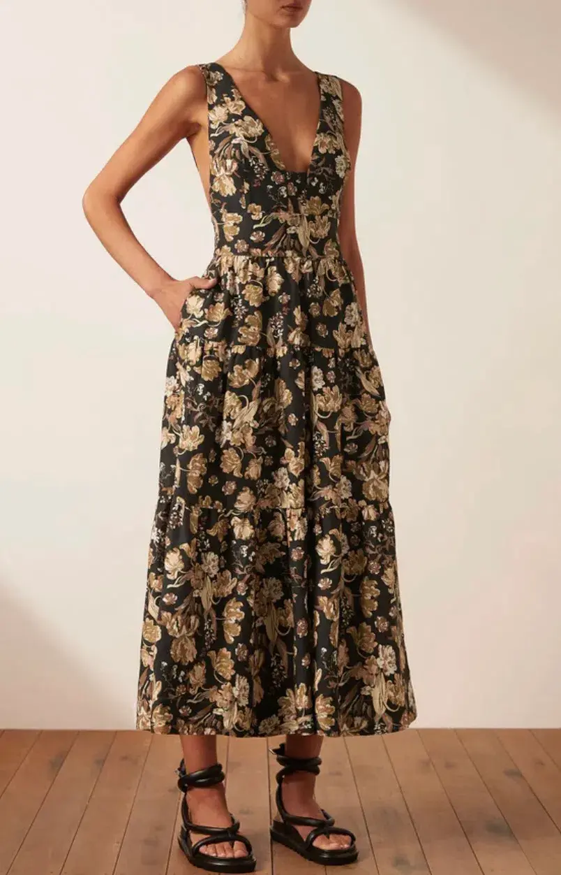 Shona Joy Palermo Linen Plunge Back Midi Dress Palermo Size 14 - Image 1