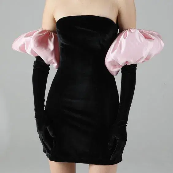 Miscreants Cupid Dress & Gloves Black Velvet with Duchess Satin Baby Pink Puffs Size 8 for rent on The Volte - main image