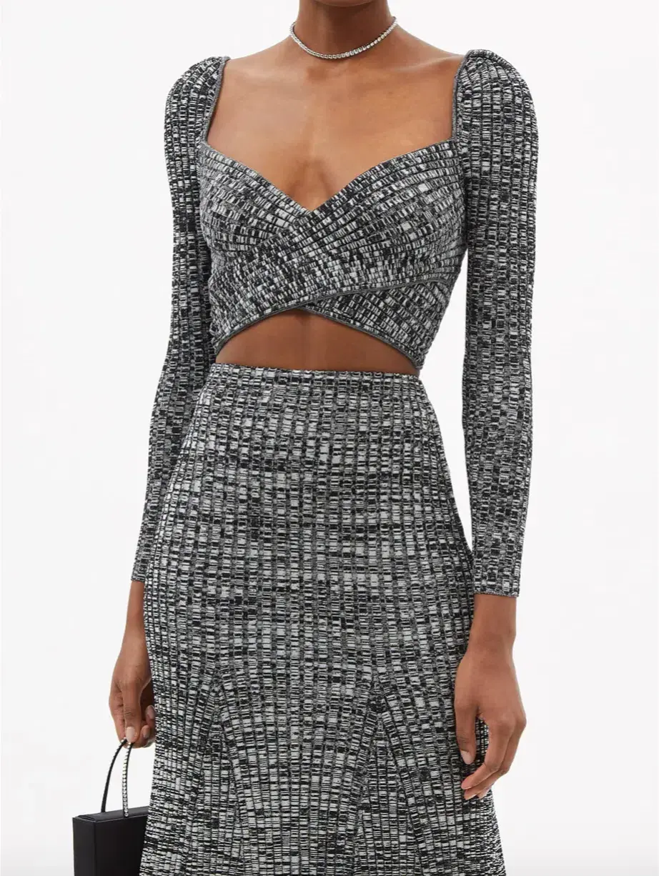 Self Portrait Crossover Front Ribbed Knit Cropped Top & Midi Skirt Set Black Size M / Au 10 for rent on The Volte - main image