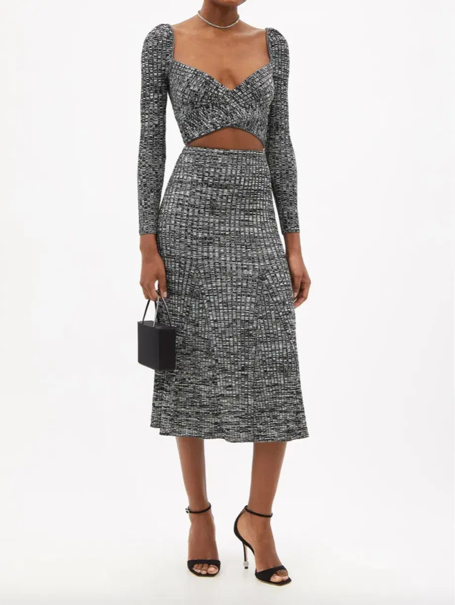 Self Portrait Crossover Front Ribbed Knit Cropped Top & Midi Skirt Set Black Size M / Au 10 - Image 1