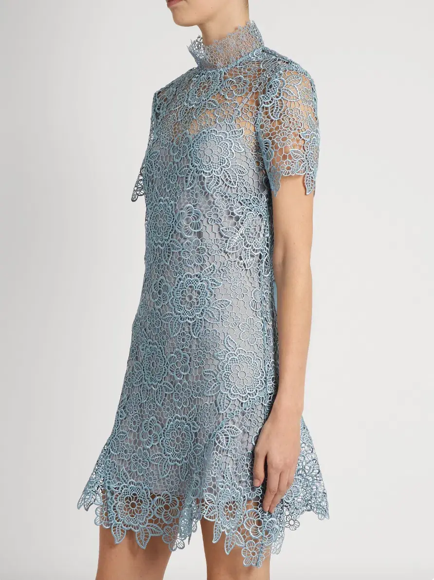 Self Portrait Peep Back Floral Lace Mini Dress Light Blue Size 10 - Image 3