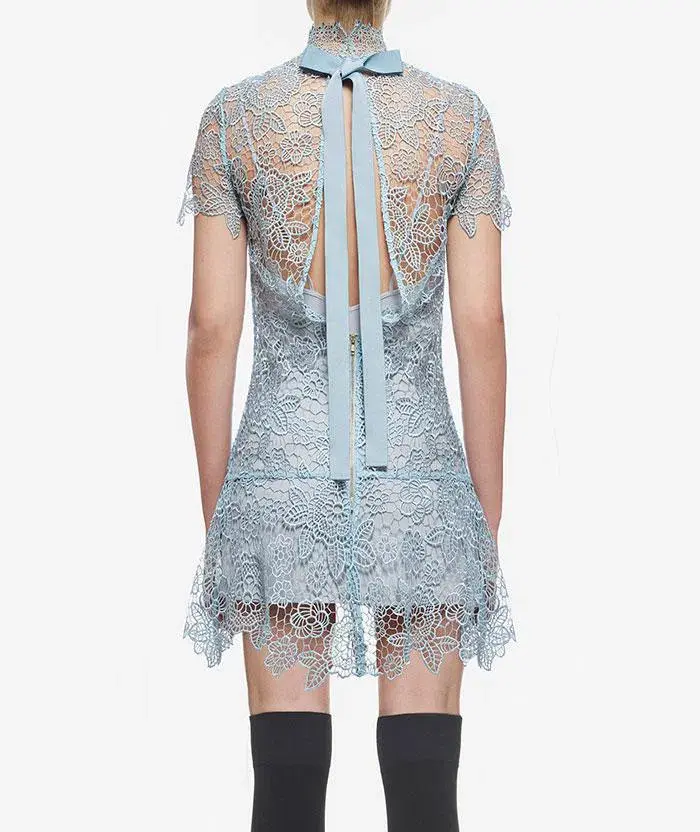 Self Portrait Peep Back Floral Lace Mini Dress Light Blue Size 10 - Image 6
