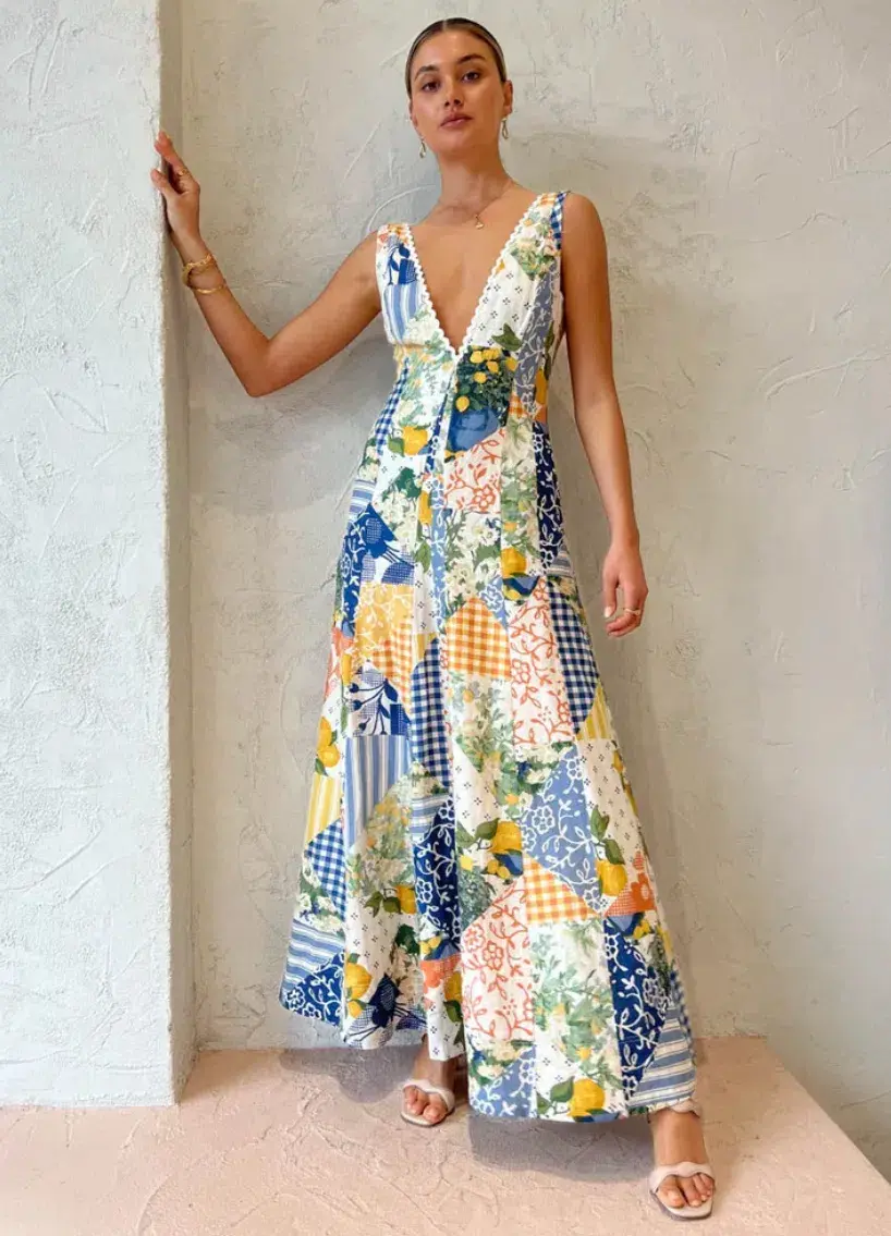 By Nicola - Wavy Maxi Dress In Lemon Patchwork - Size 10 for rent on The Volte - main image