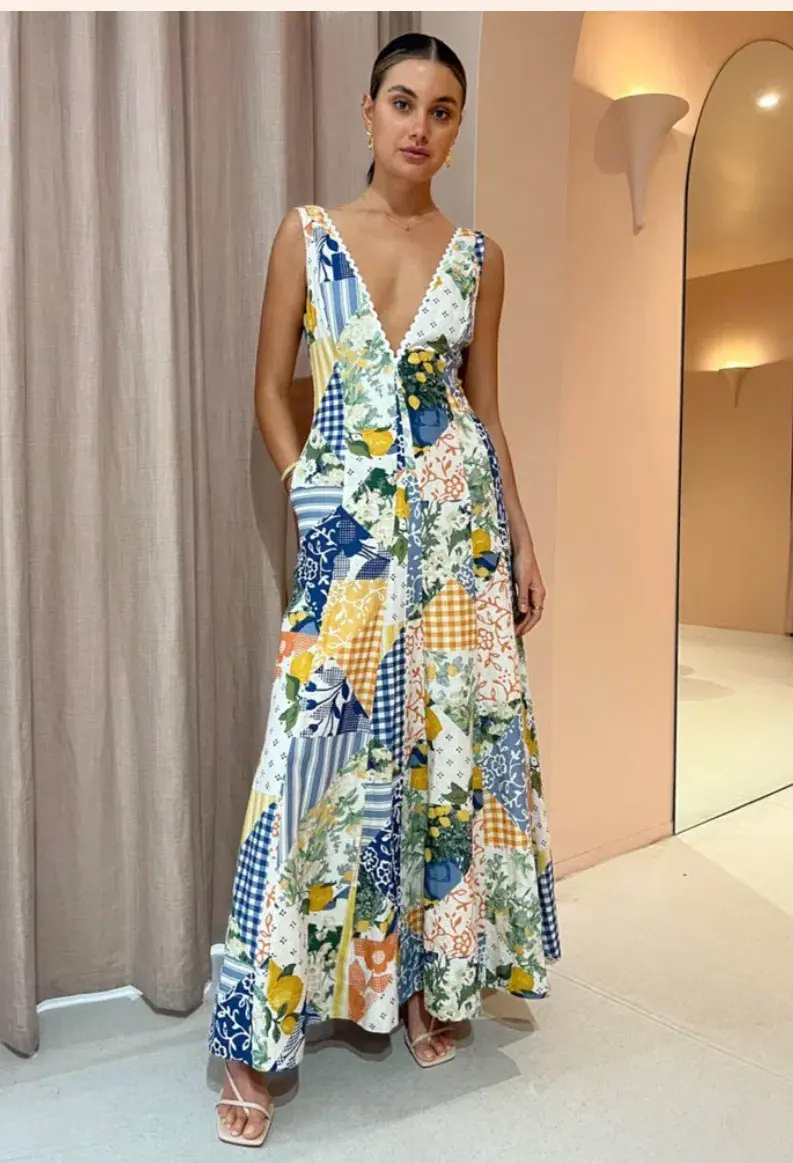 By Nicola - Wavy Maxi Dress In Lemon Patchwork - Size 10 - Image 3
