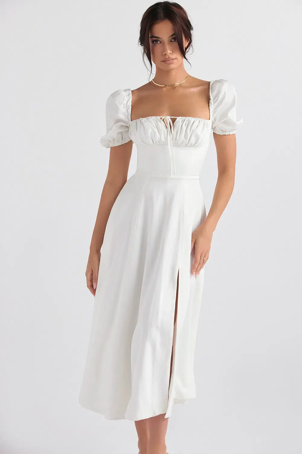 House of CB Tallulah Puff Sleeve Midi Sundress White Size 10 for rent on The Volte - main image