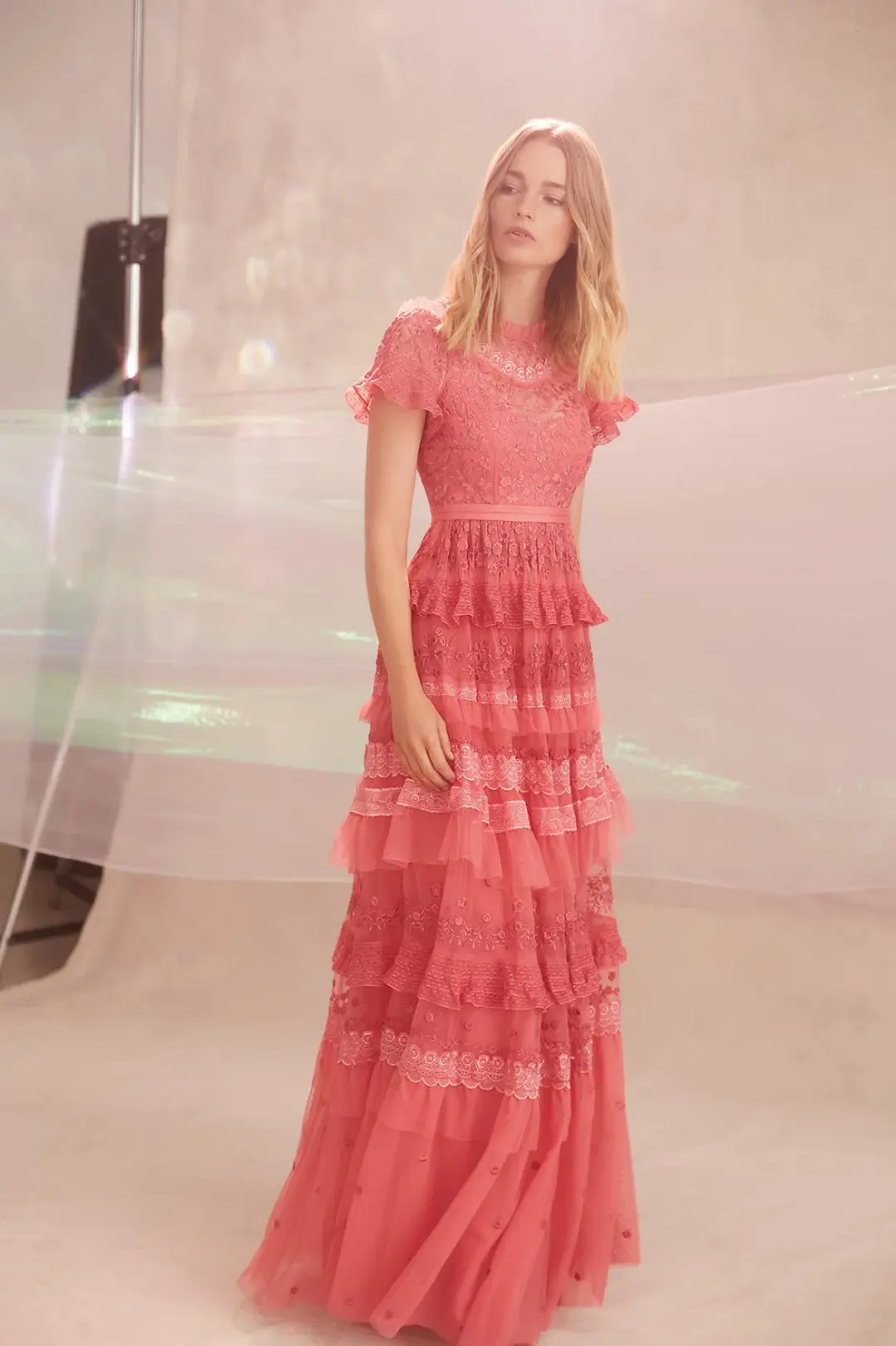 Needle and Thread Iris Ruffled Embroidered Tulle Gown Pink Size 10 for rent on The Volte - main image