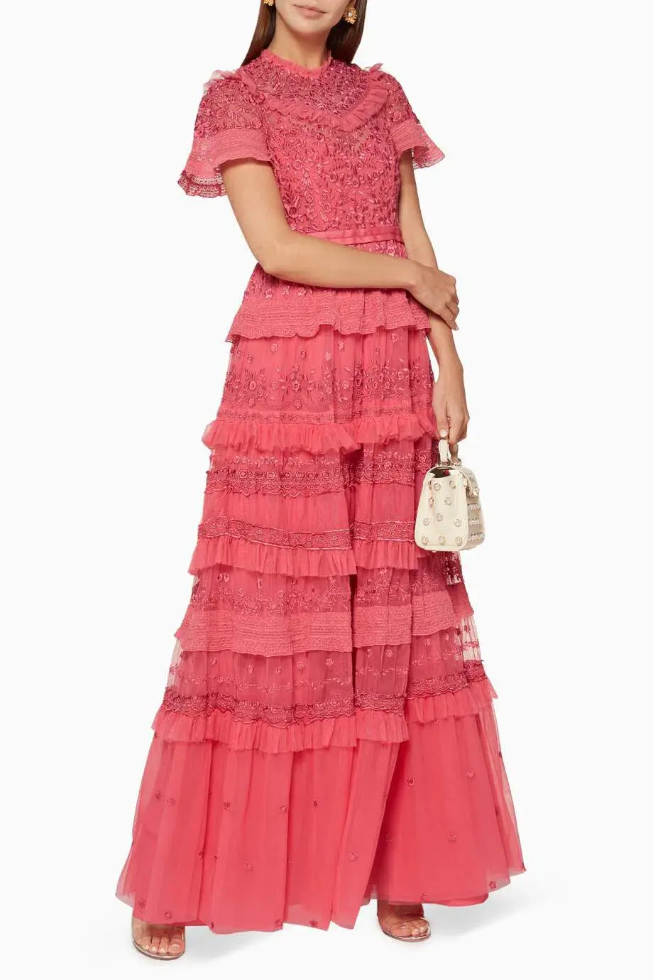 Needle and Thread Iris Ruffled Embroidered Tulle Gown Pink Size 10 for rent on The Volte - main image