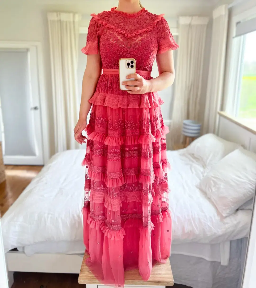 Needle and Thread Iris Ruffled Embroidered Tulle Gown Pink Size 10 for rent on The Volte - main image