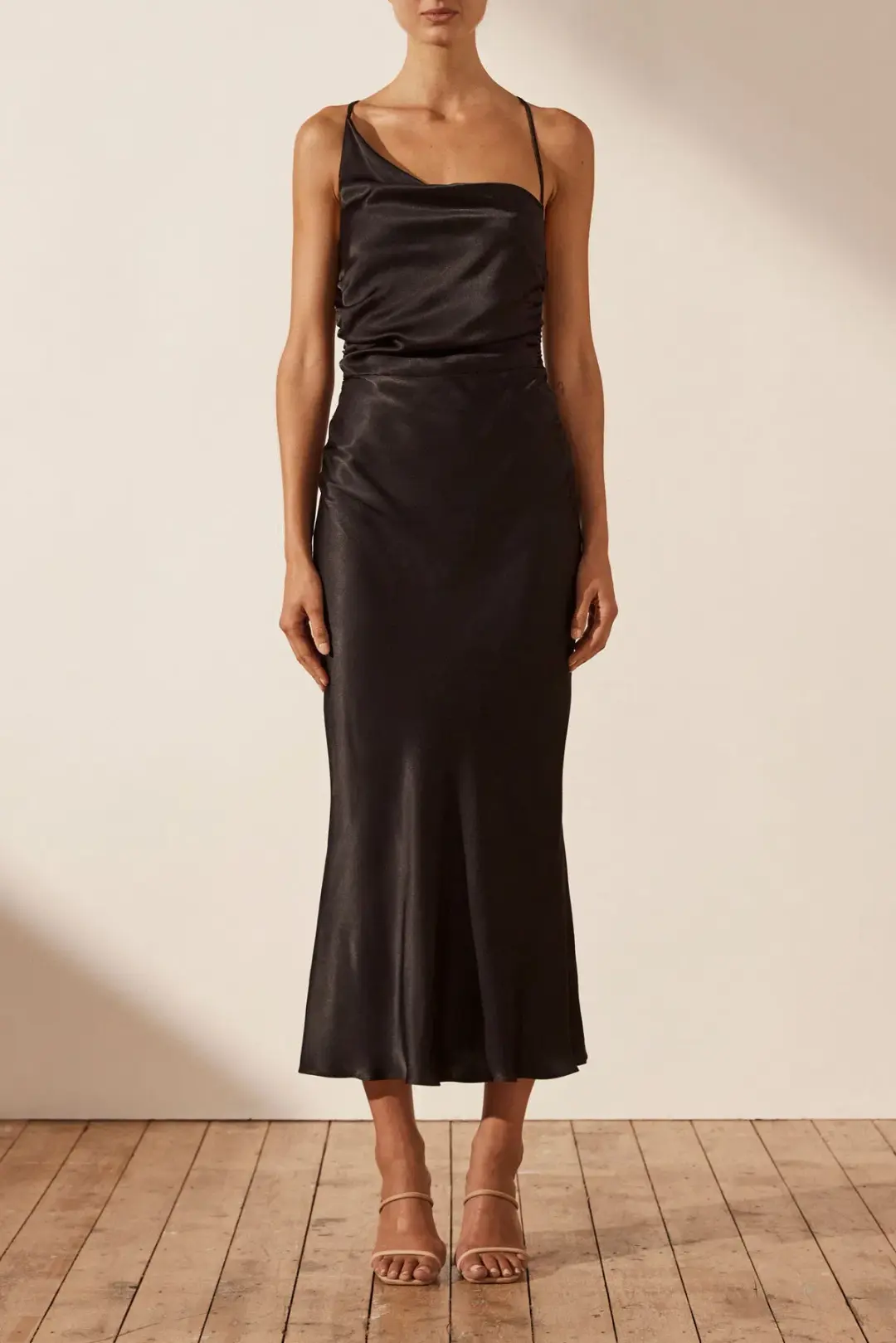 Shona Joy La Lune Asymmetrical Bias Cow Midi Dress Black Size 6 for rent on The Volte - main image