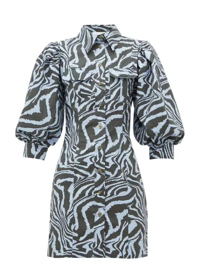 Ganni Cotton Poplin Zebra Shirt Dress Forever Blue Size 10 for rent on The Volte - main image