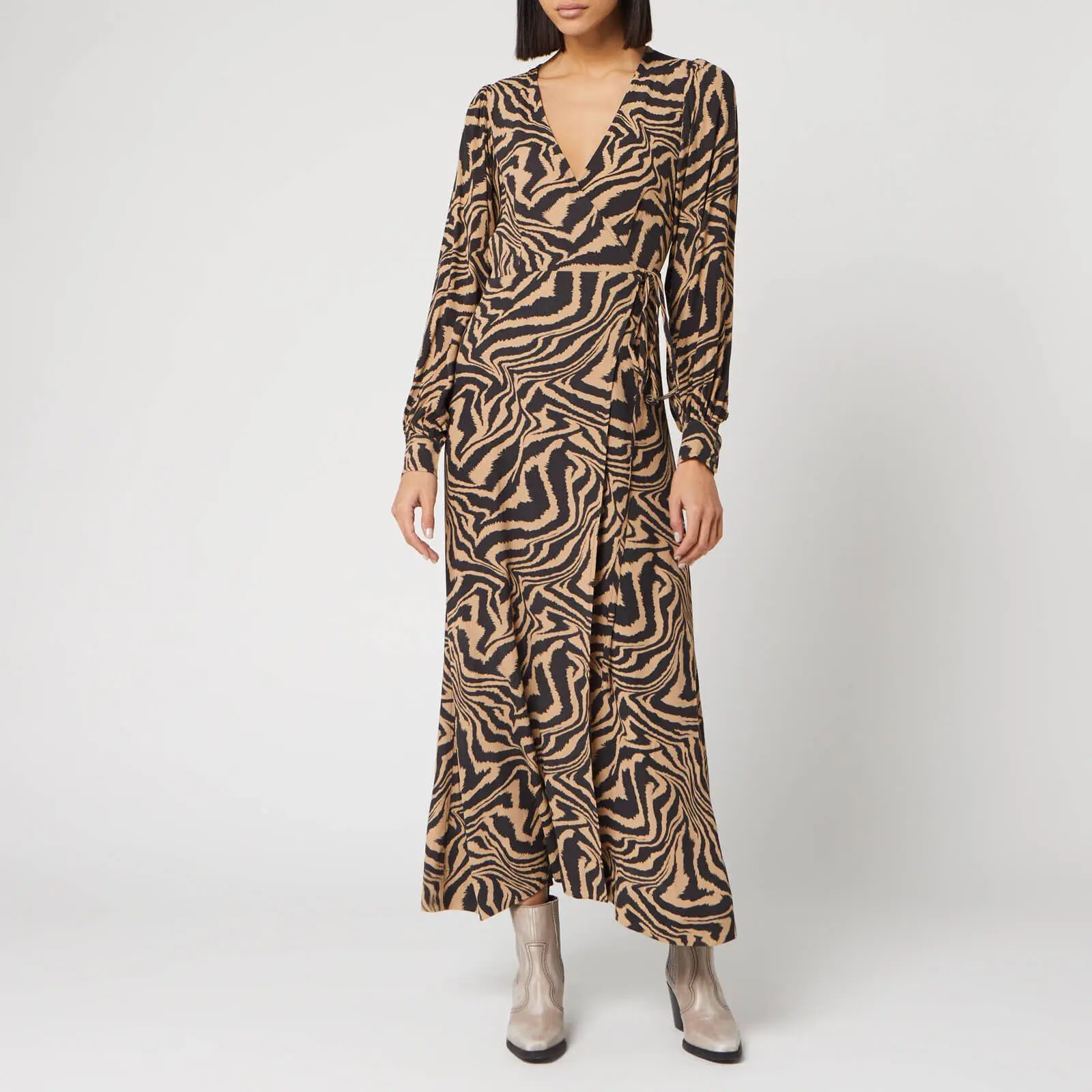 Ganni Zebra Crepe Wrap Dress Brown Print Size 10 - Image 1
