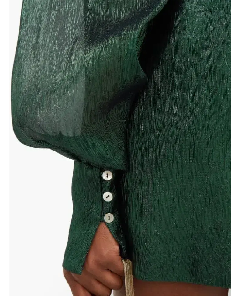 The Vampire's Wife The Pussybow Plissé Silk-Blend Lamé Mini Dress Dark Green Lame Size 10  - Image 4