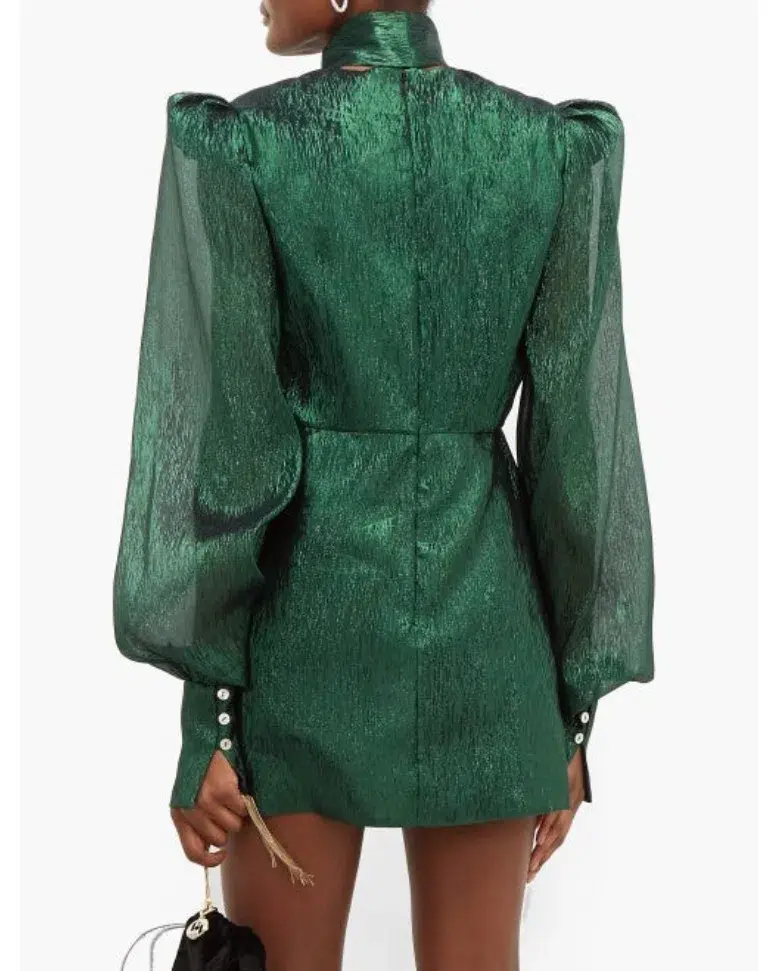 The Vampire's Wife The Pussybow Plissé Silk-Blend Lamé Mini Dress Dark Green Lame Size 10  - Image 3