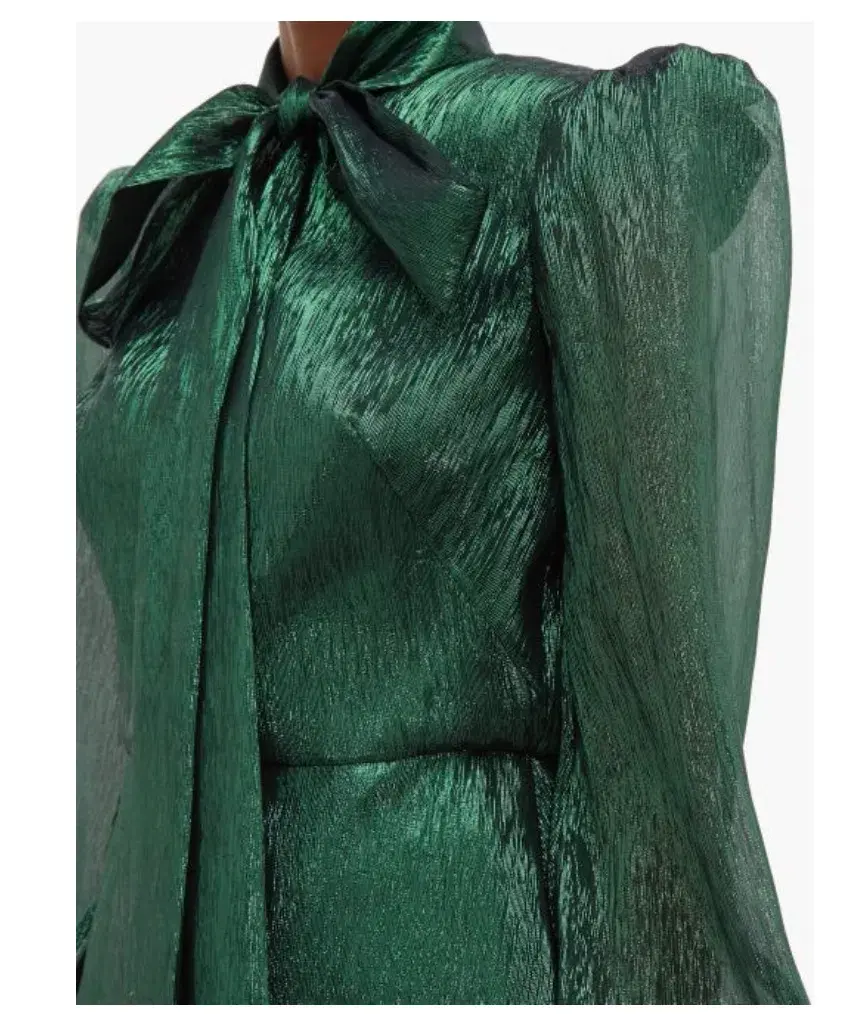 The Vampire's Wife The Pussybow Plissé Silk-Blend Lamé Mini Dress Dark Green Lame Size 10  - Image 2