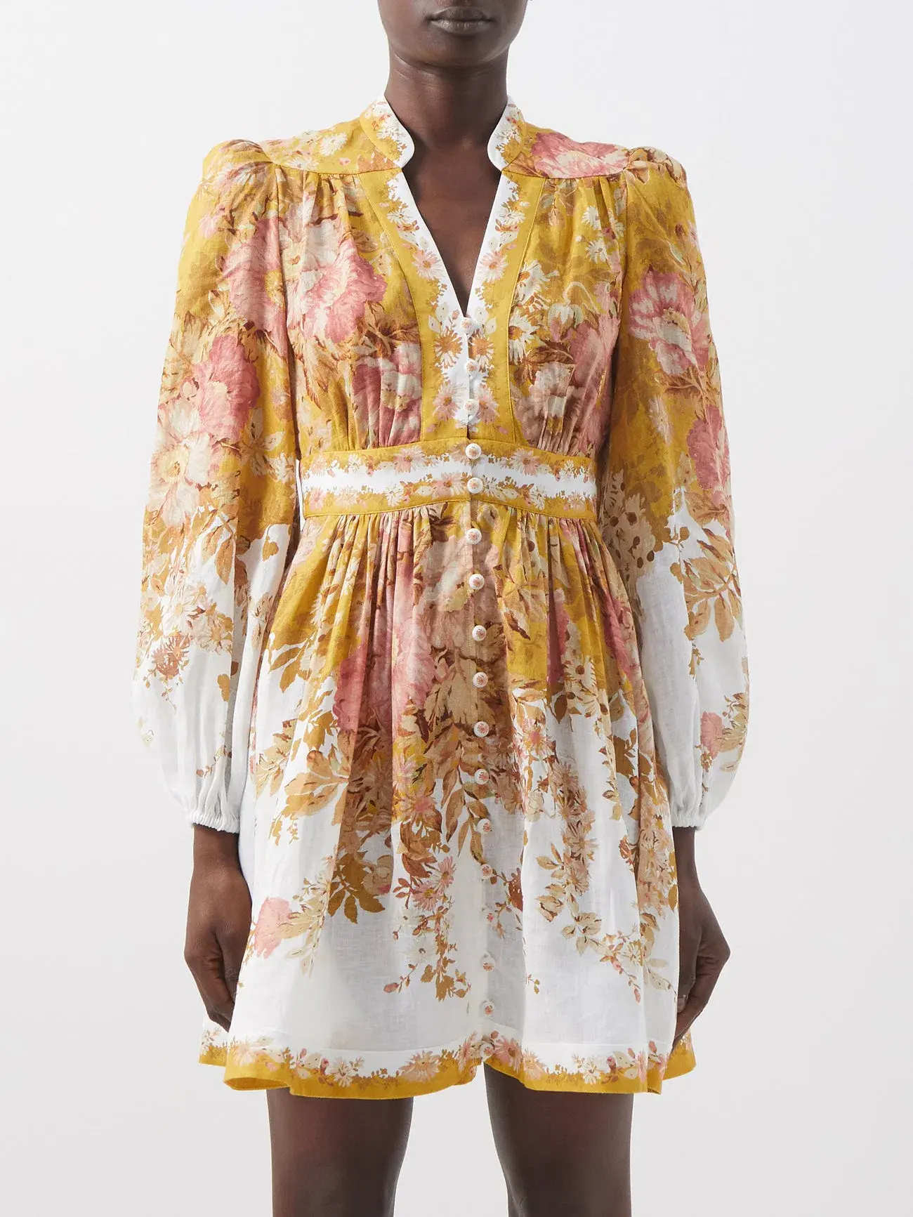 Zimmermann Pattie Plunge Mini Dress Mustard Floral Sz 3/14 - Image 1