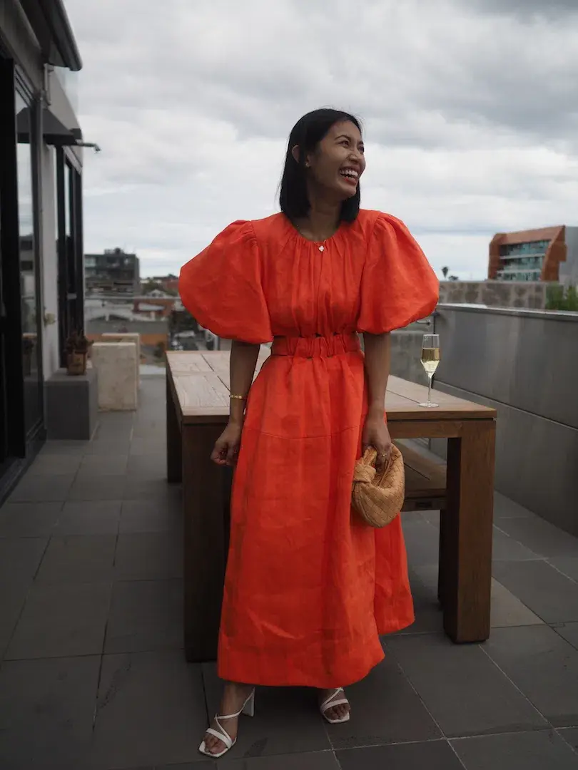 Aje Cosette Tie Back Midi Dress Orange Size 6  for rent on The Volte - main image