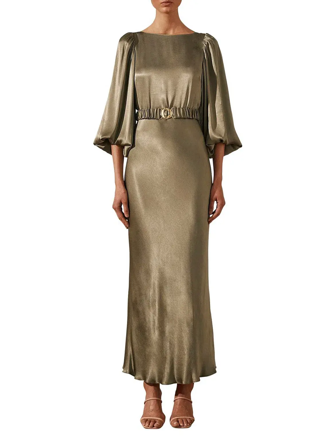 Shona Joy La Lune Balloon Sleeve Midi Dress With Belt in Moss Size 6 / XS - Image 2