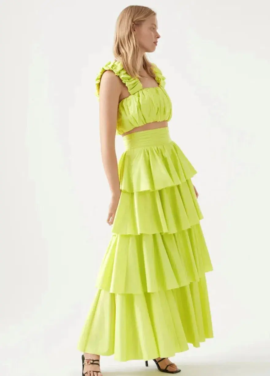 Aje Medina Ruched Cropped Top and Tiered Midi Skirt Set Light Lemon Size 10 / M - Image 3