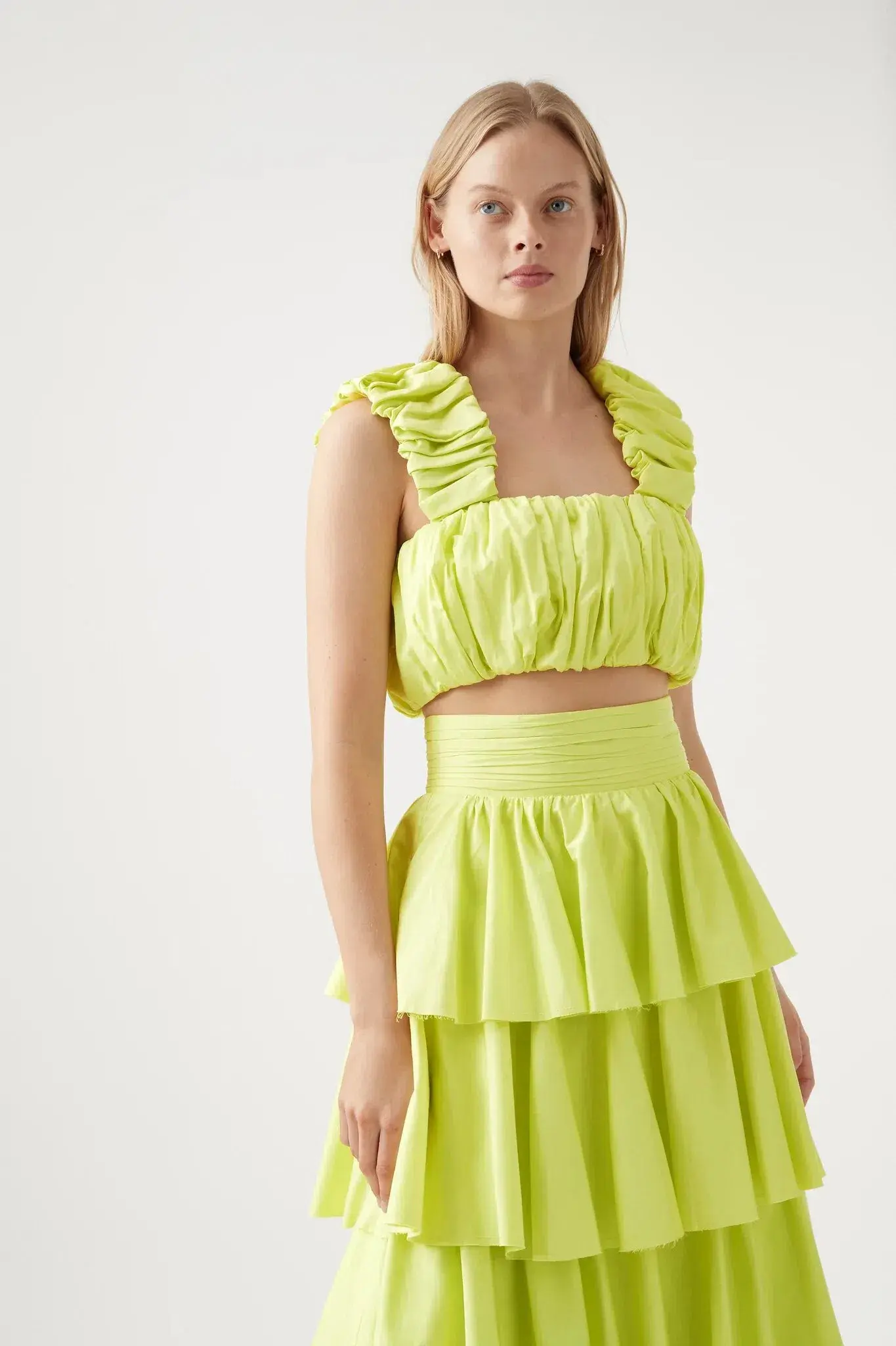 Aje Medina Ruched Cropped Top and Tiered Midi Skirt Set Light Lemon Size 10 / M - Image 2
