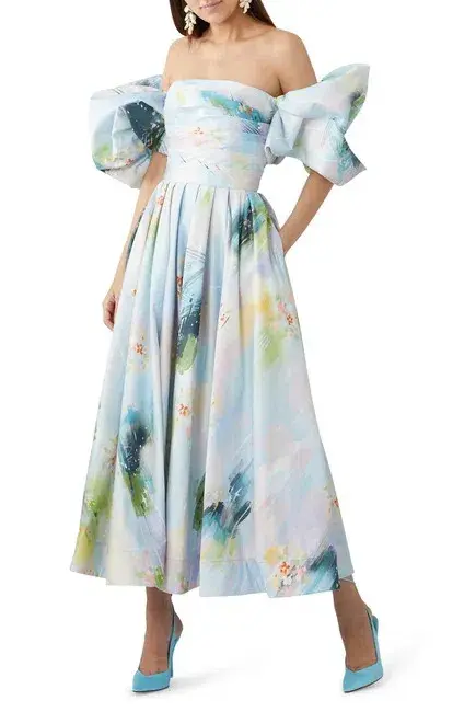 Leo Lin Matilda Puff Sleeve Midi Dress Willow Print Size 14 - Image 1